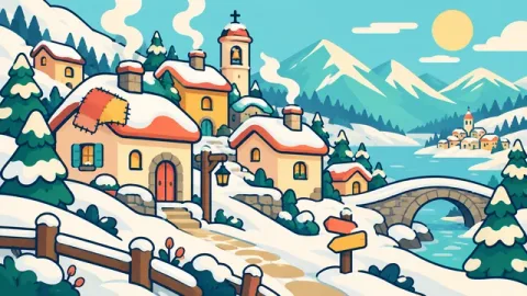 A snowy mountain village scene
